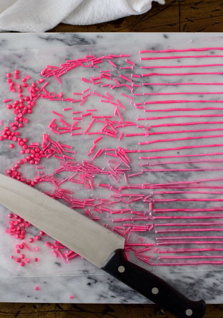 cutting rows of dried sprinkles