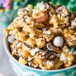 Blue and white bowl full of bunny munch