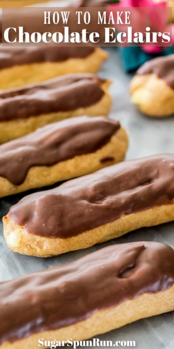 Chocolate eclairs on marble surface