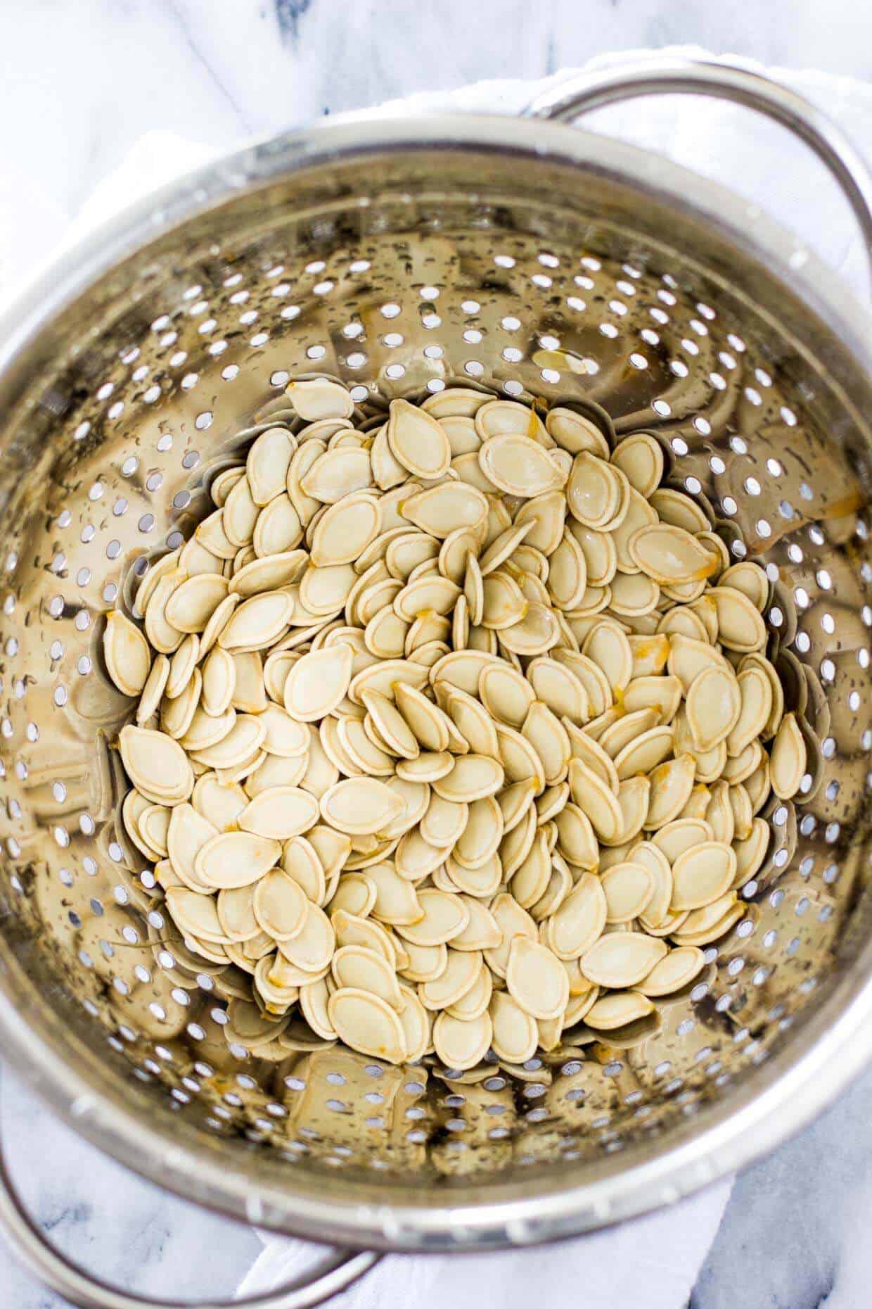 Pumpkin seeds in colander