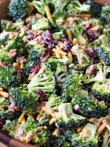 broccoli salad in wood bowl