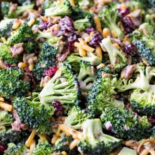 broccoli salad in wood bowl