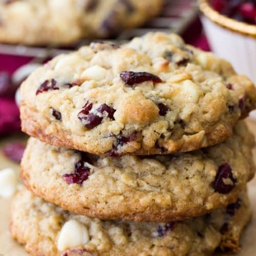 Stack of cranberry oatmeal white chocolate cookies