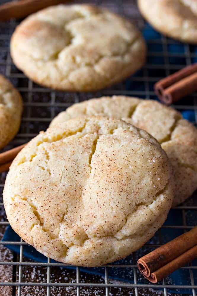 Snickerdoodle cookies on cooling rack
