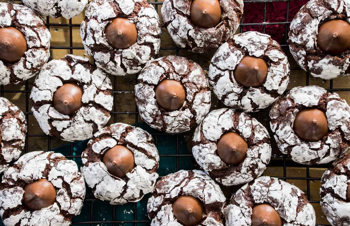 Overhead of chocolate blossoms on cooling rack