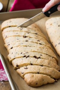 Baked biscotti sliced into slivers