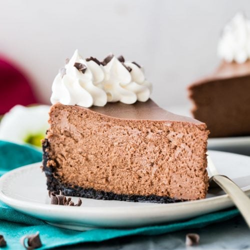 chocolate cheesecake on white plate