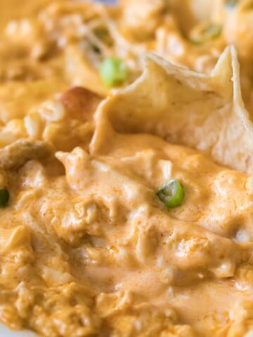Tortilla chip in buffalo chicken dip