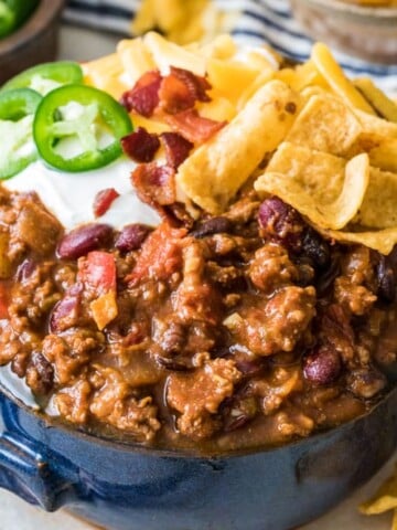 chili in blue bowl with toppings