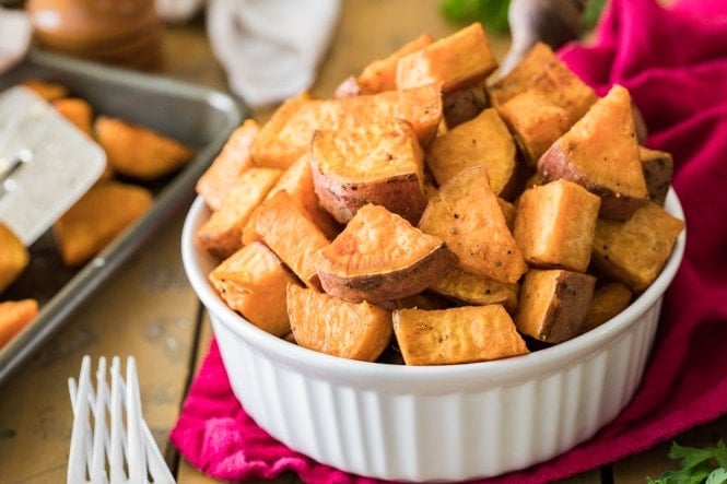 Warm prepared roasted sweet potatoes