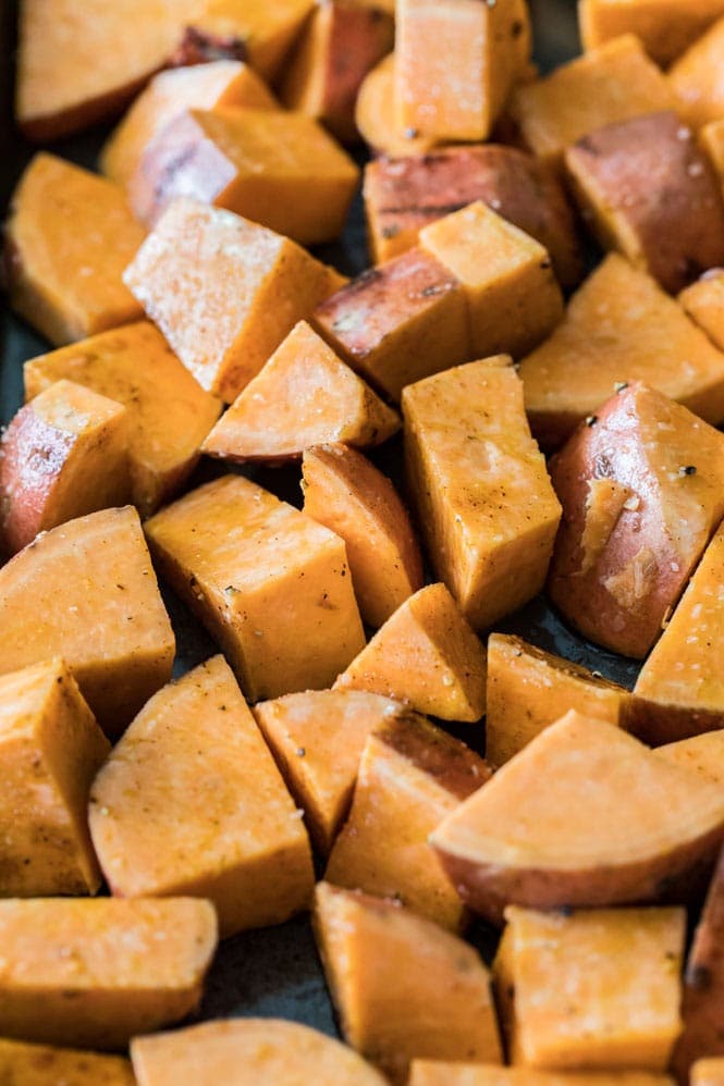 Cubed sweet potatoes for roasting/how to prepare roasted sweet potatoes