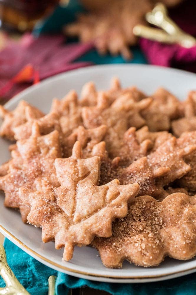 Plate full of crispy maple leaf cookies