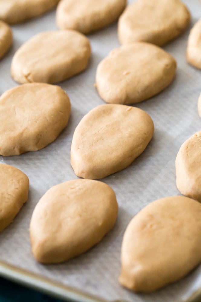 Peanut Butter Eggs after being rolled out on baking sheet