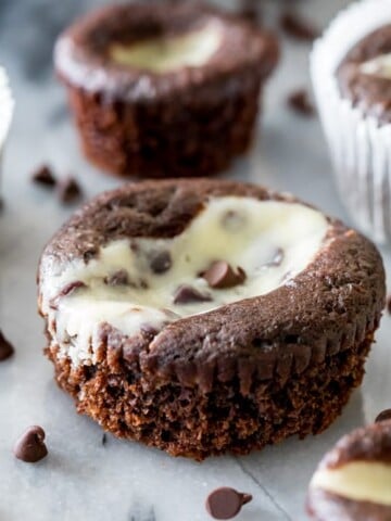 Black bottom cupcakes on marble surface
