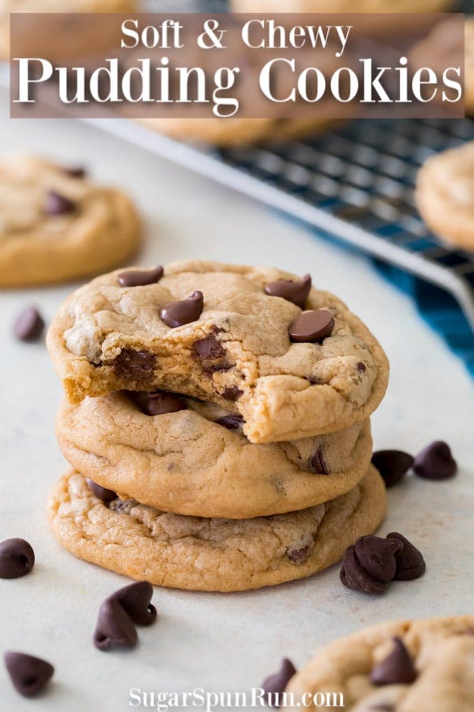 Pudding cookies stacked on white surface