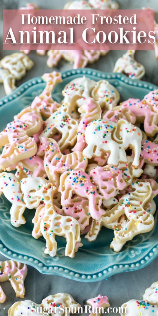 Frosted animal cookies on blue plate