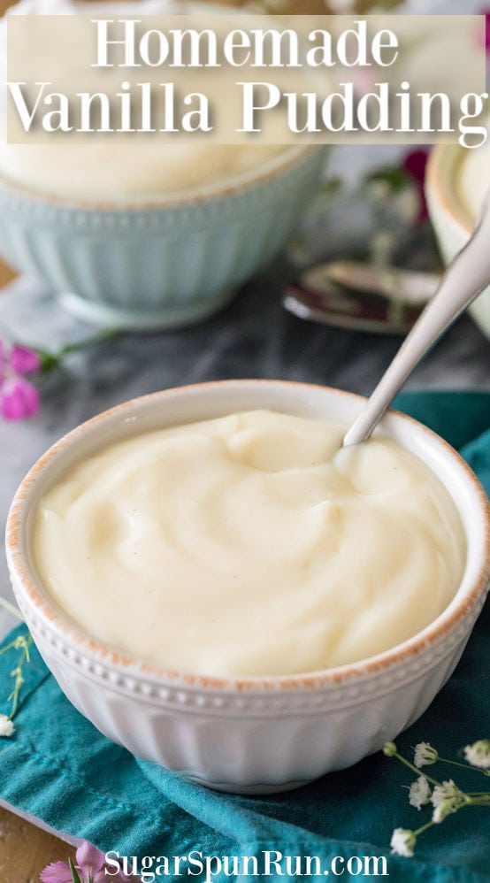 Vanilla pudding in a bowl on blue towel