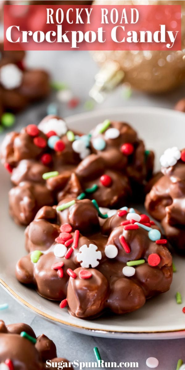 Crockpot candy topped with sprinkles on white plate