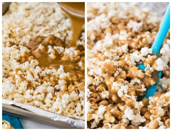 Stirring caramel coating into popcorn