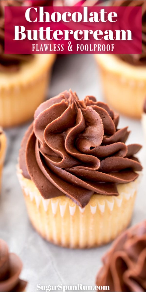 Chocolate buttercream frosting on vanilla cupcake