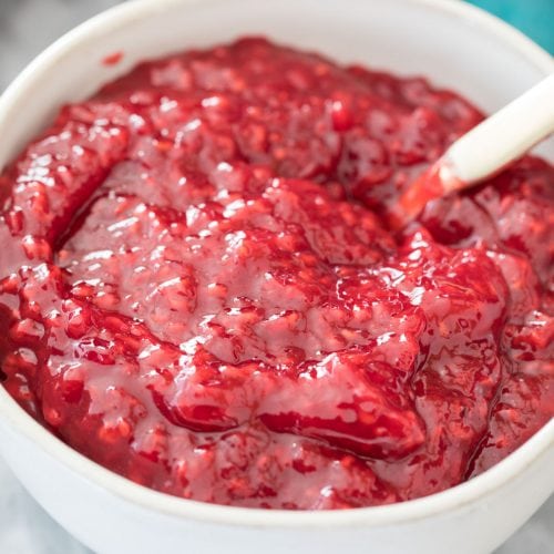 raspberry cake filling in white bowl