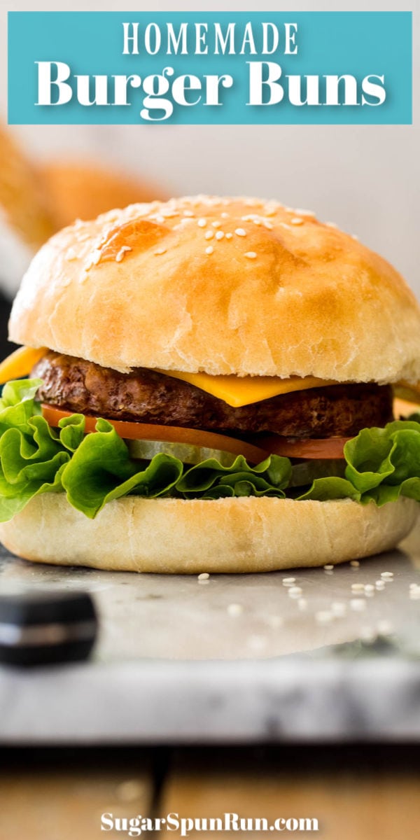 hamburger. text reads: "Homemade burger buns"