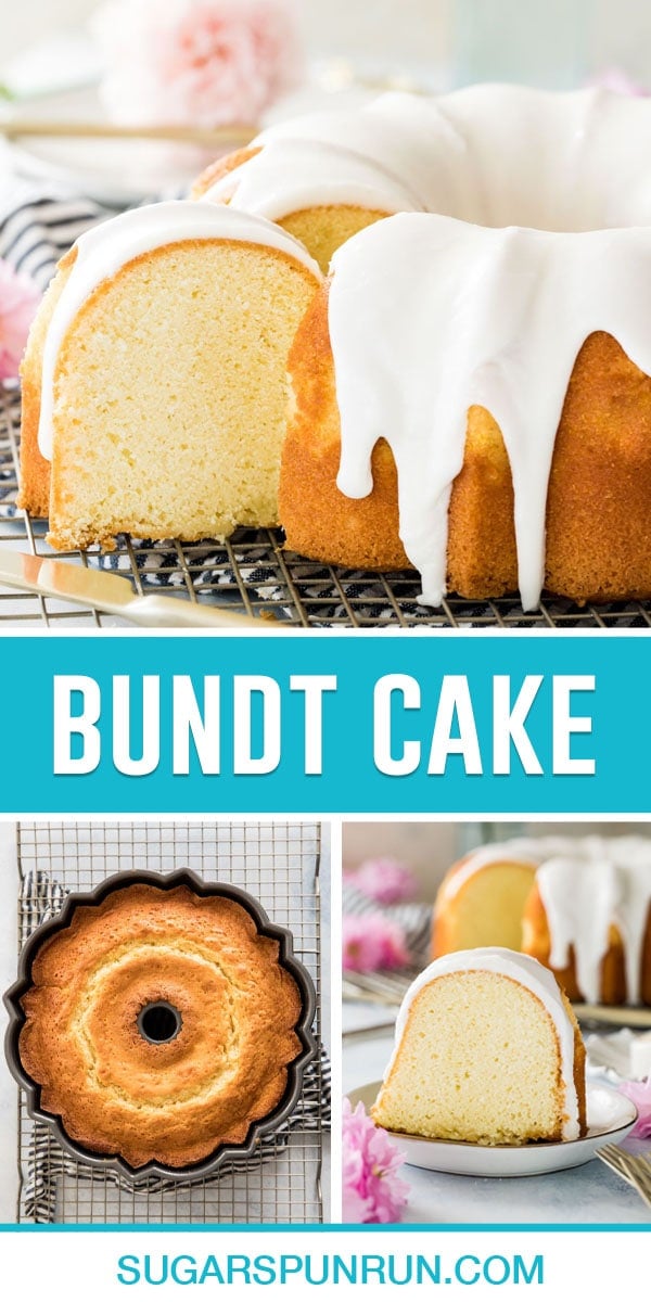 collage of bundt cake on the top, whole baked cake in bottom left and slice of cake on the bottom right