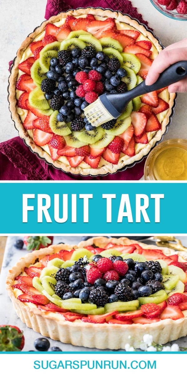 collage of full fruit tart from different angles
