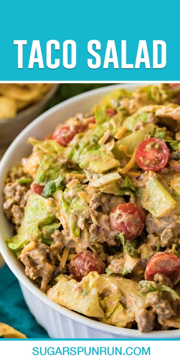 image of taco salad in white bowl with recipe title at top