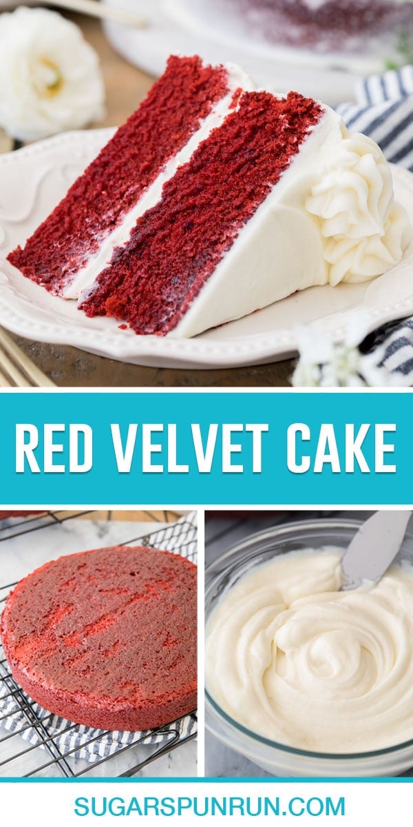 collage of red velvet cake, slice on top, cake layer and frosting in bowl on the bottom