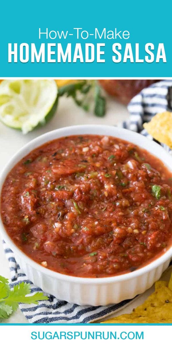 picture of fresh homemade salsa in a bowl with teal header bar with title