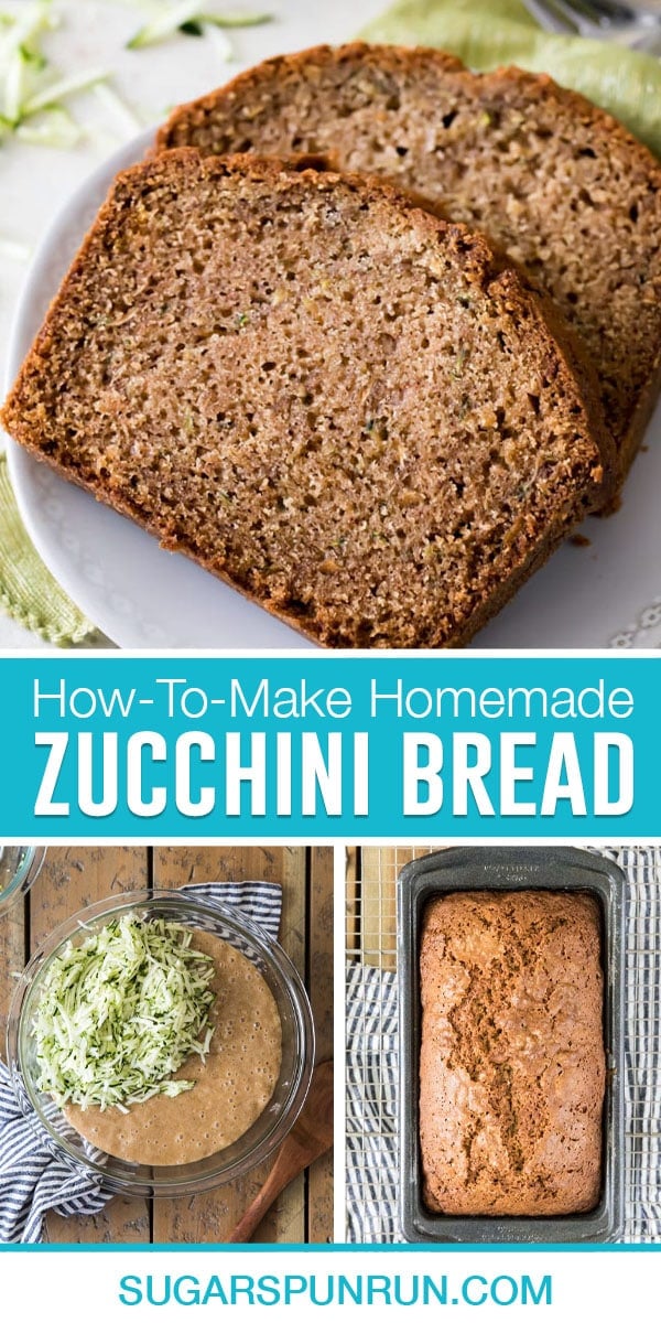 collage of zucchini bread loaf sliced on top, bottom left image is of batter with shredded zucchini on top, bottom right is of loaf still in pan