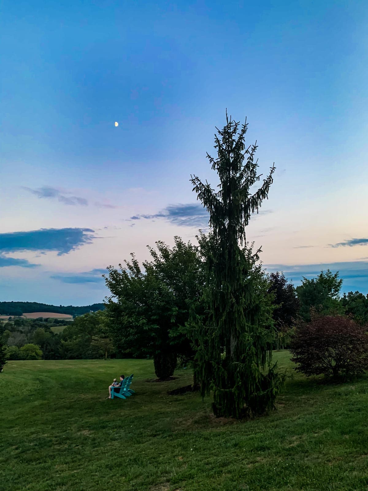 father and son in adirondak chair looking at moon