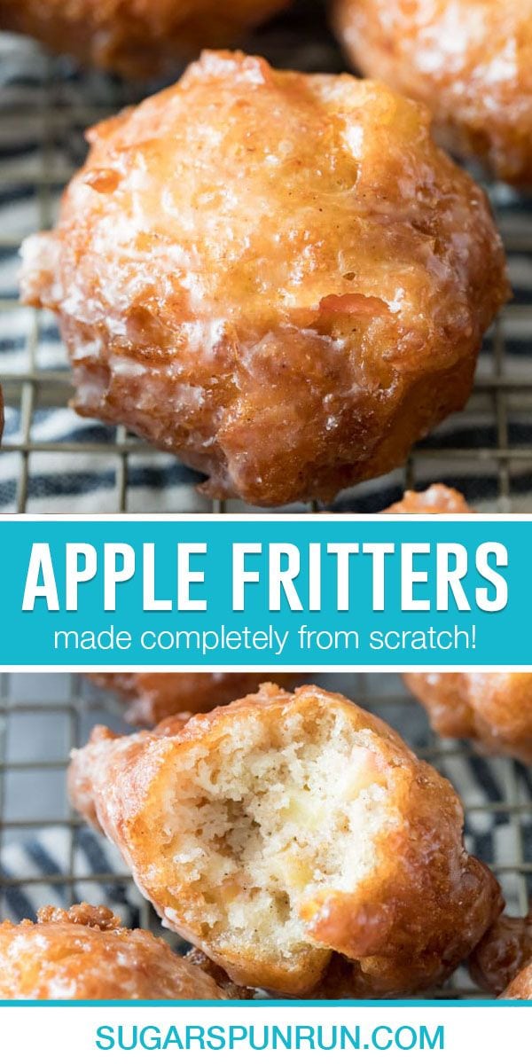 collage of apple fritters, top image of single fritter, bottom image of fritter with bite taken out