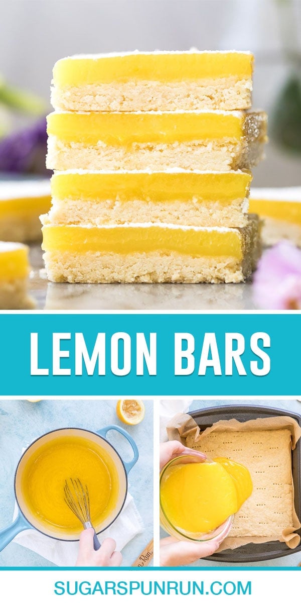 collage of lemon bars, top image is of bars stacked, bottom left image is of lemon filling inside pot, bottom right image is of filling being poured in prepared pan