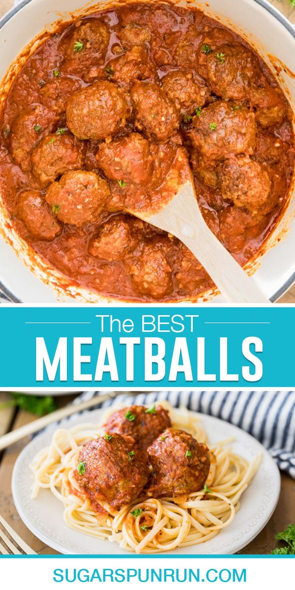 collage of meatballs, pot with spoon at top, bottom image of plate of spaghetti with three meatballs