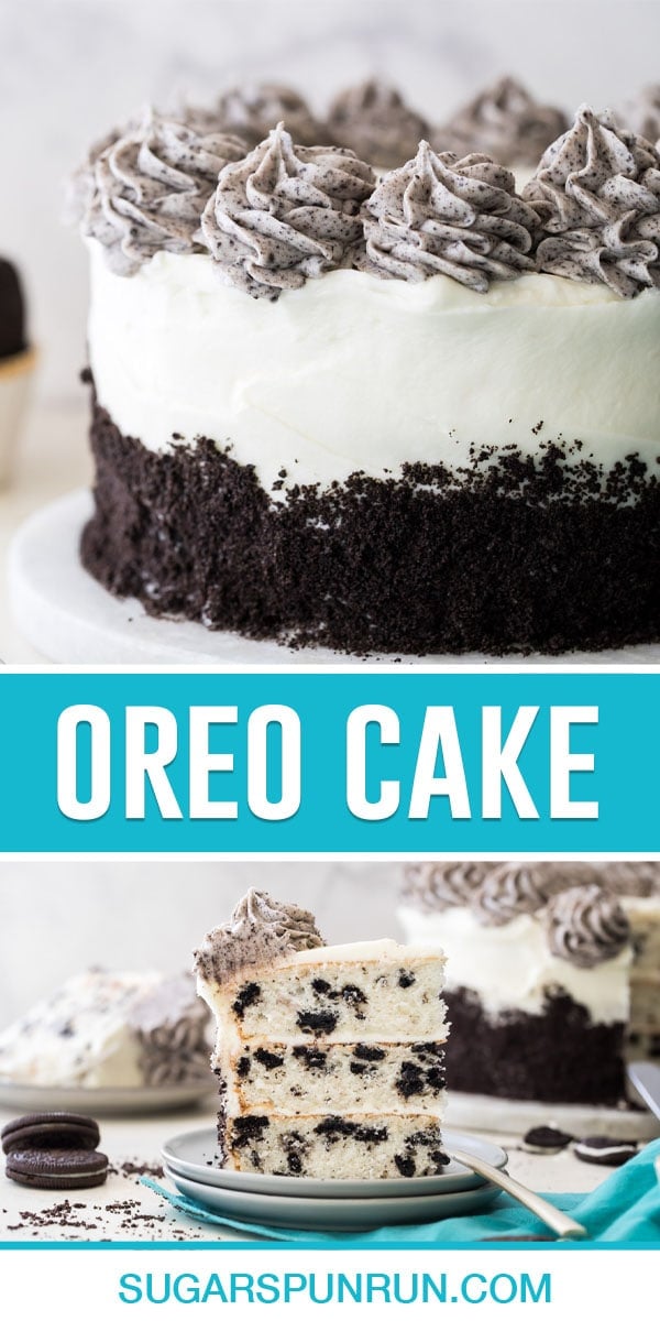 collage of oreo cake, top image of full cake, teal recipe title in center, slice of cake on bottom