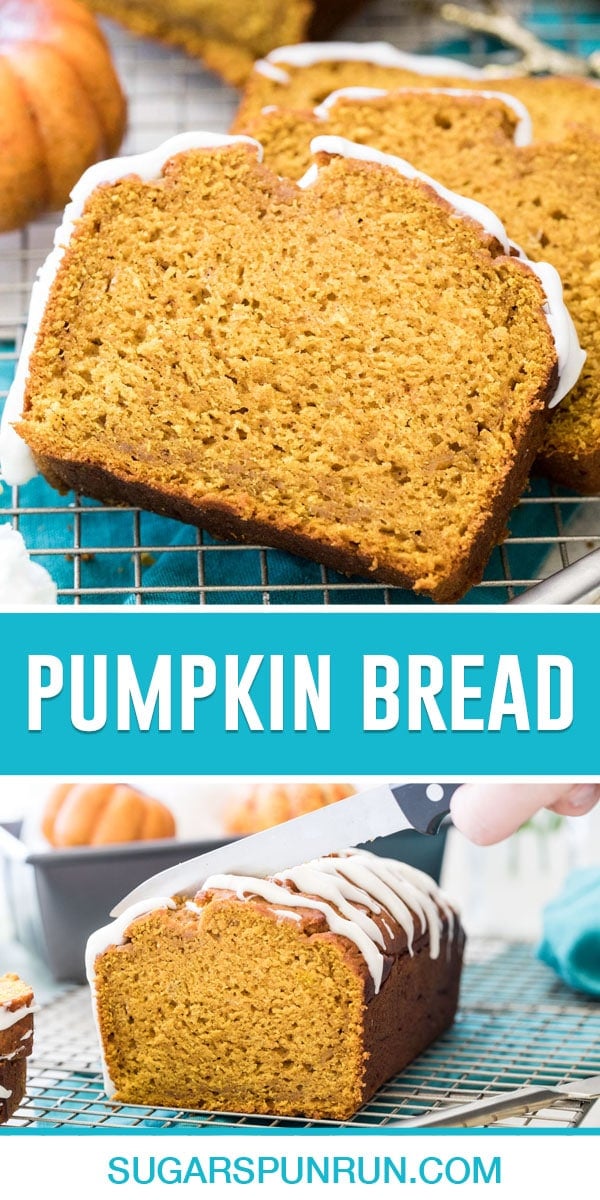 collage of pumpkin bread, top three slices of bread placed on top of cooling rack, bottom full loaf of bread