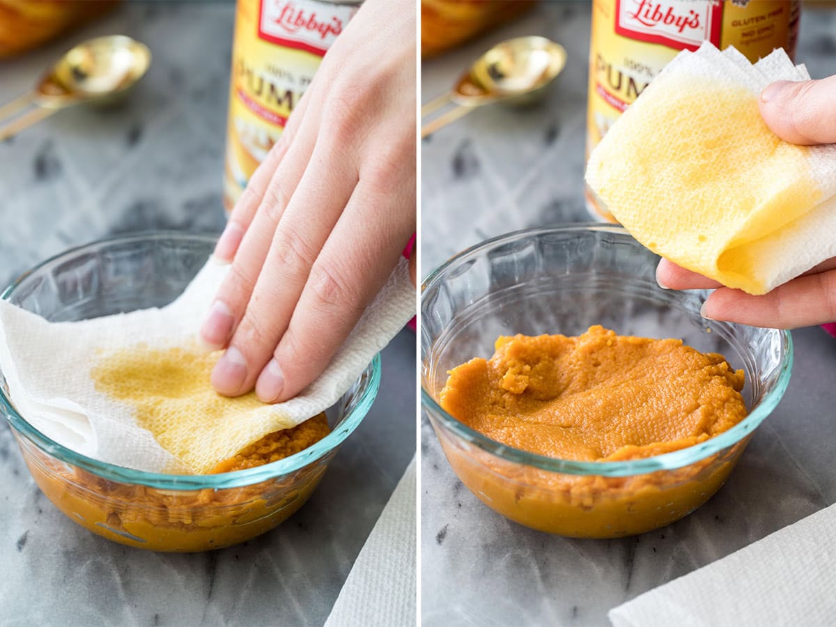 using a paper towel to blot canned pumpkin
