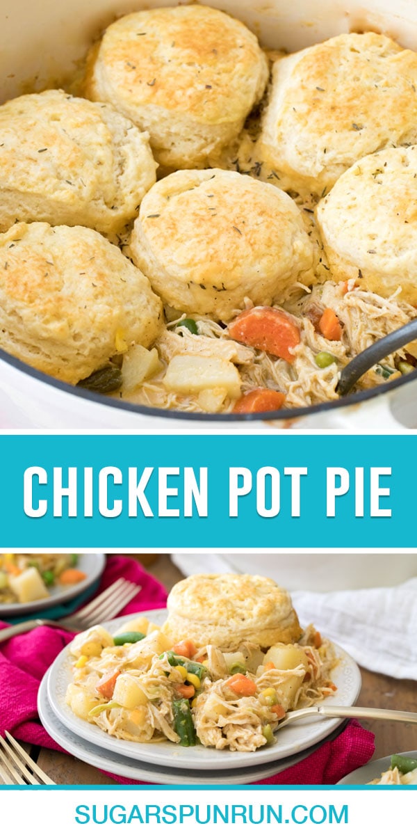 collage of chicken pot pie, top image is of close up of pie with spoons, bottom image is it served on white plate