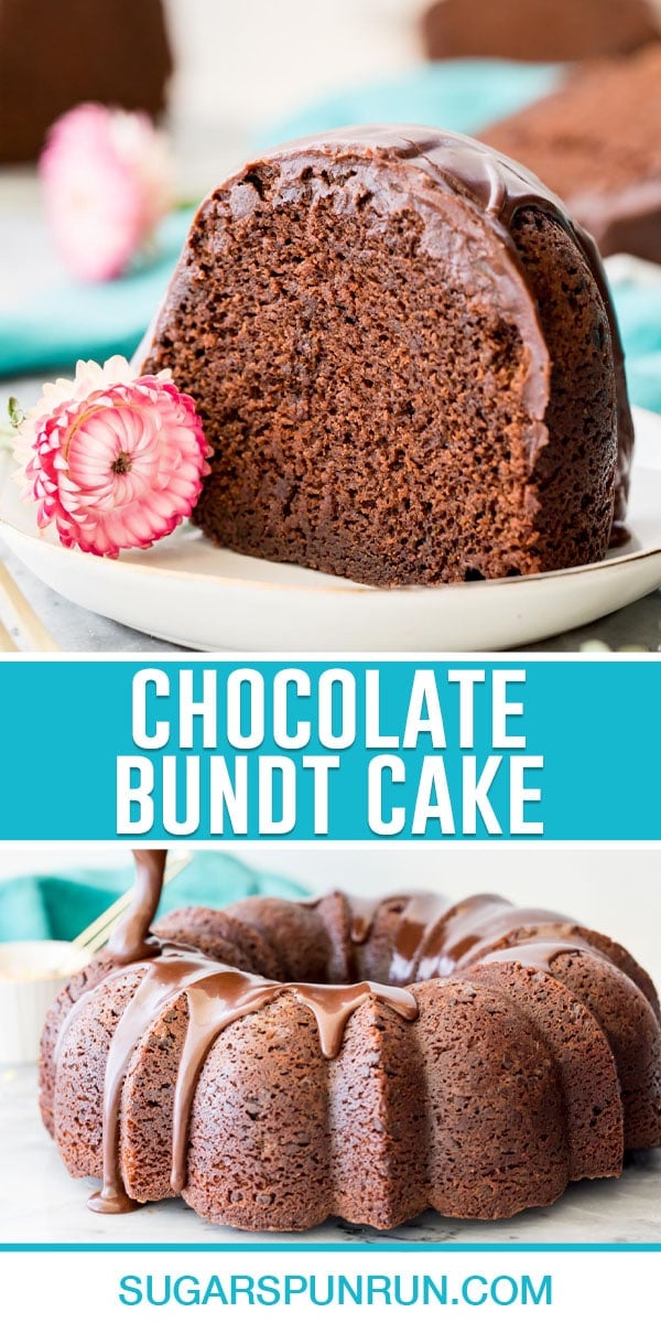 collage of chocolate bundt cake, top image of slice of cake on white plate with pink flower, bottom image of full cake with chocolate drizzled on top