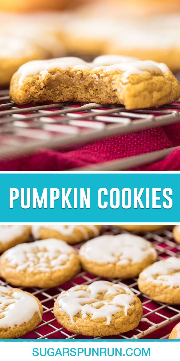 collage of pumpkin cookies, top image is a close up of cookie with bite taken out, bottom is of iced cookies cooling on rack