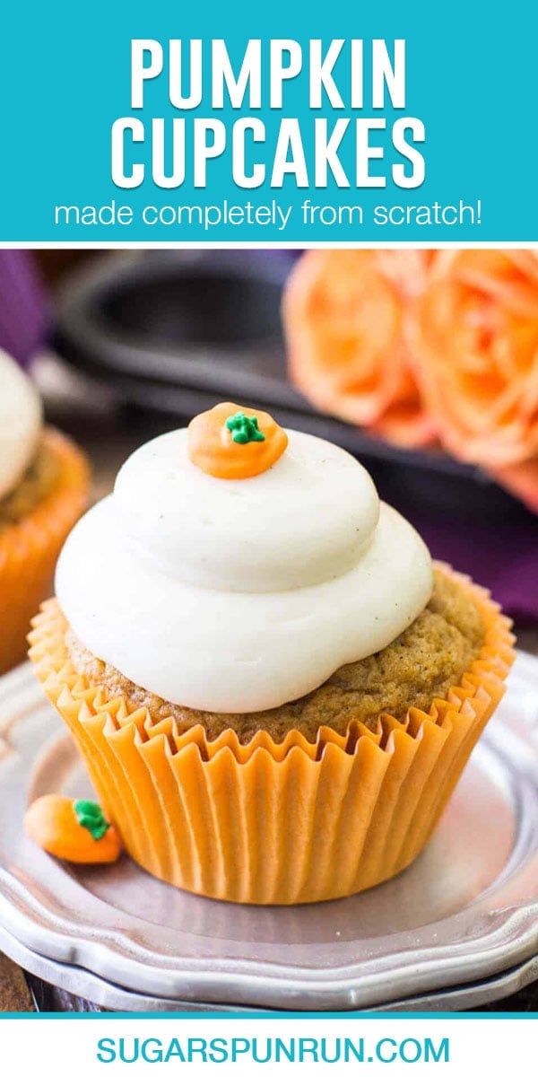 single image of pumpkin cupcakes with teal header bar with recipe title