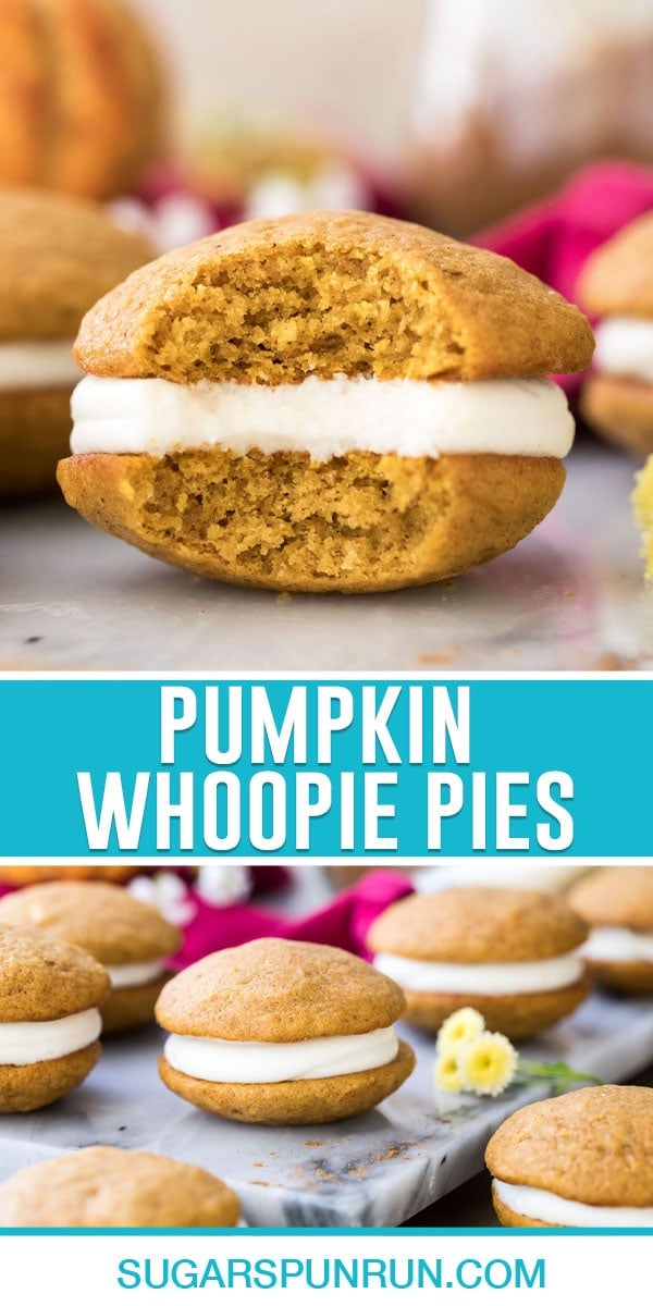 collage of pumpkin whoopie pies, top image of single whoopie pie with bite taken out, bottom image is of multiple whoopie pies
