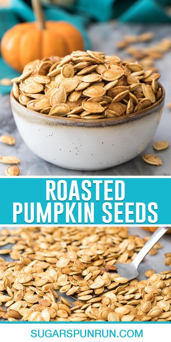 collage of roasted pumpkin seeds, top image of roasted seeds in bowl, bottom image of seeds on baking sheet being scooped up