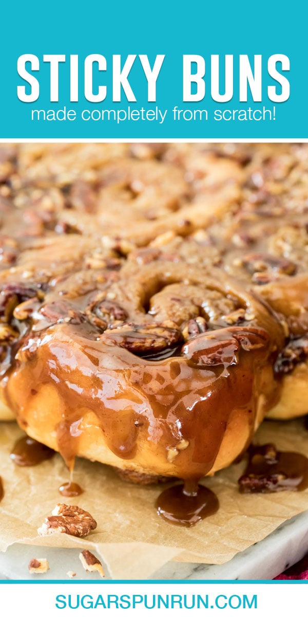 single image of sticky buns with teal header at top with recipe title