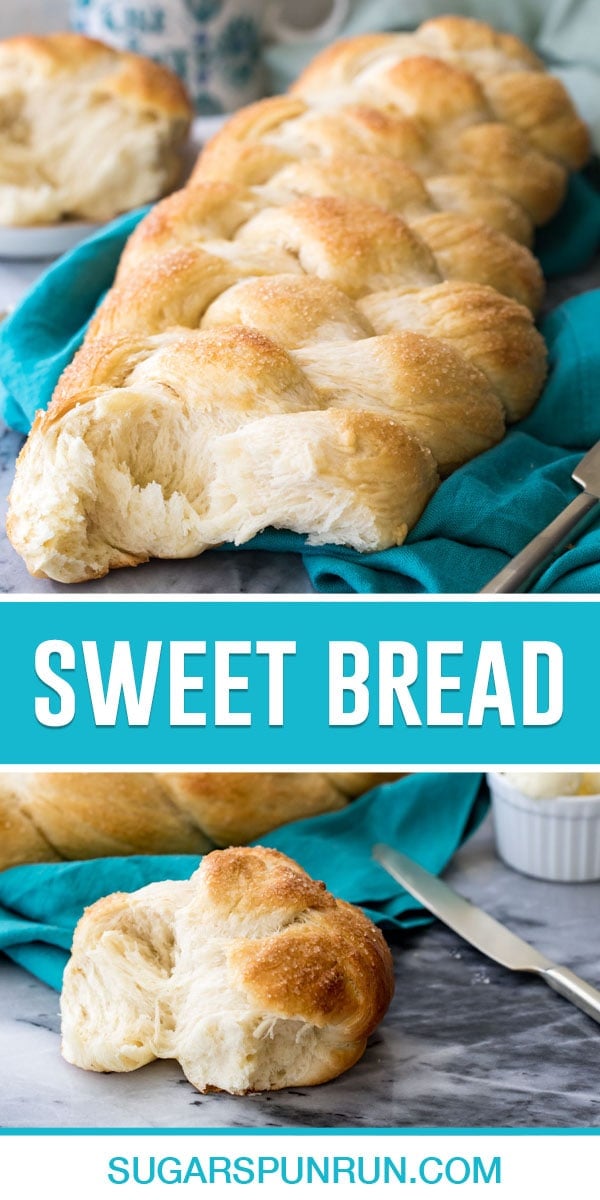 sweet bread collage, top image of loaf with piece torn out, bottom image single piece