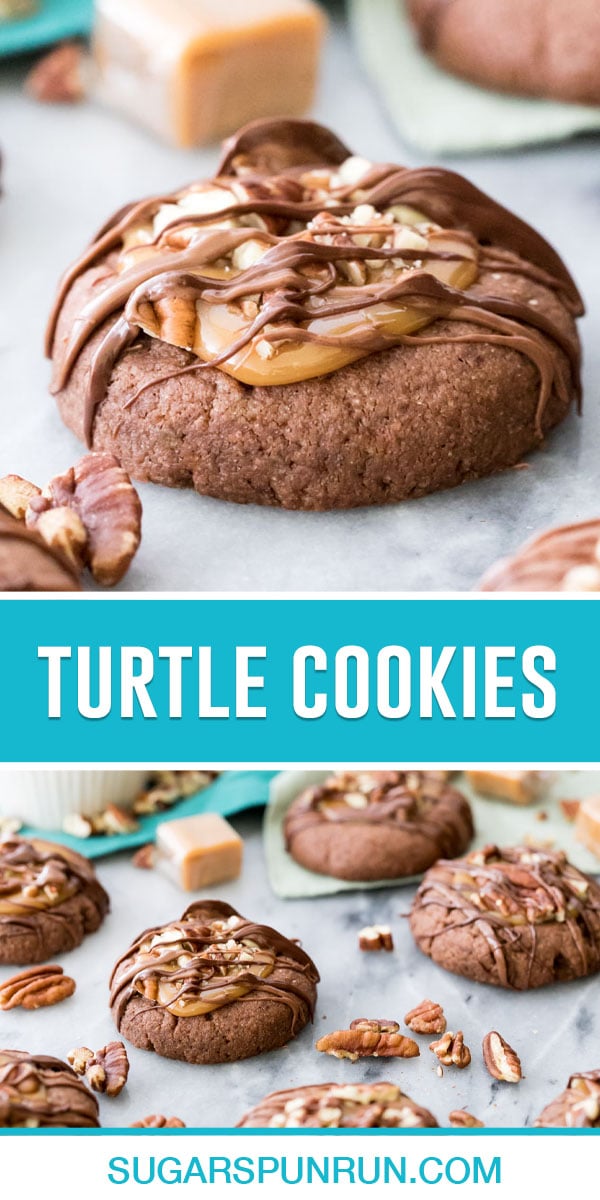 collage of turtle cookies, top image of single cookie, bottom image of multiple cookies on cutting board with pecans
