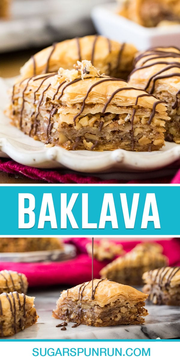 collage of baklava, top image close up on white plate, bottom image of slice with chocolate dripping on top