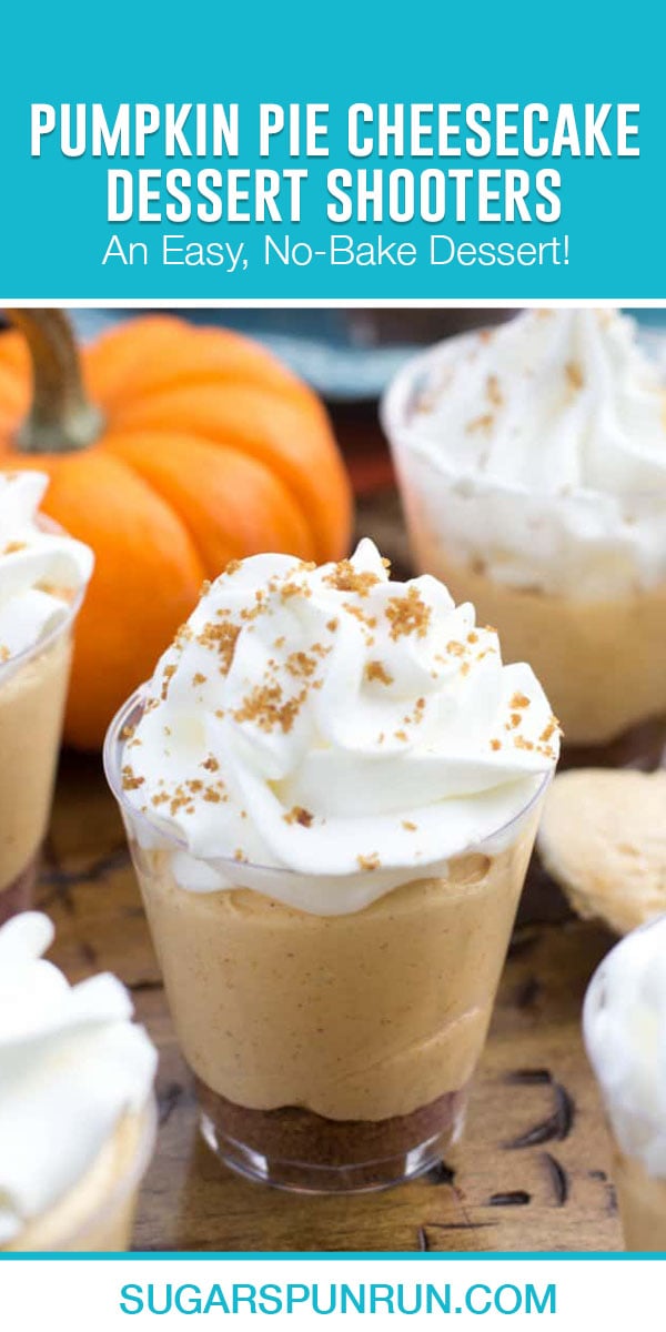 single image of pumpkin pie cheesecake dessert shooter with teal header bar